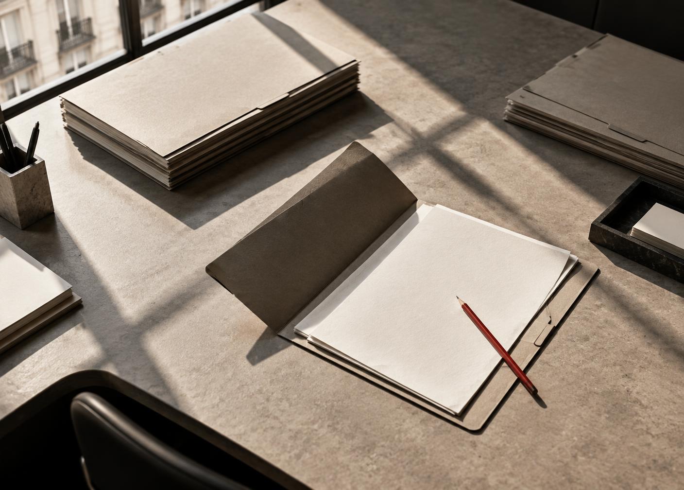 Dossiers et pièces de travail sur une table de cabinet
