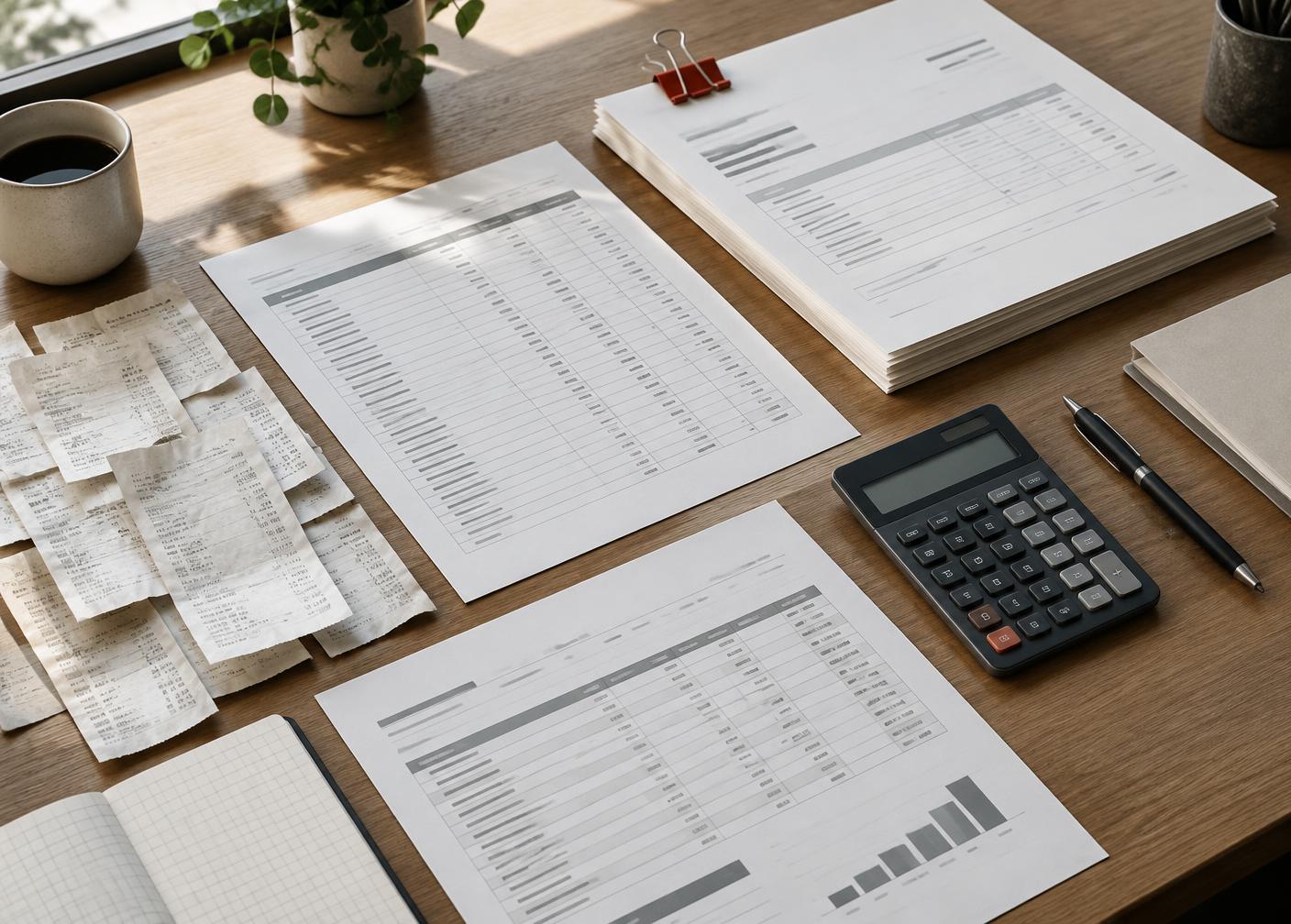 Documents comptables, reçus et calculatrice sur un bureau