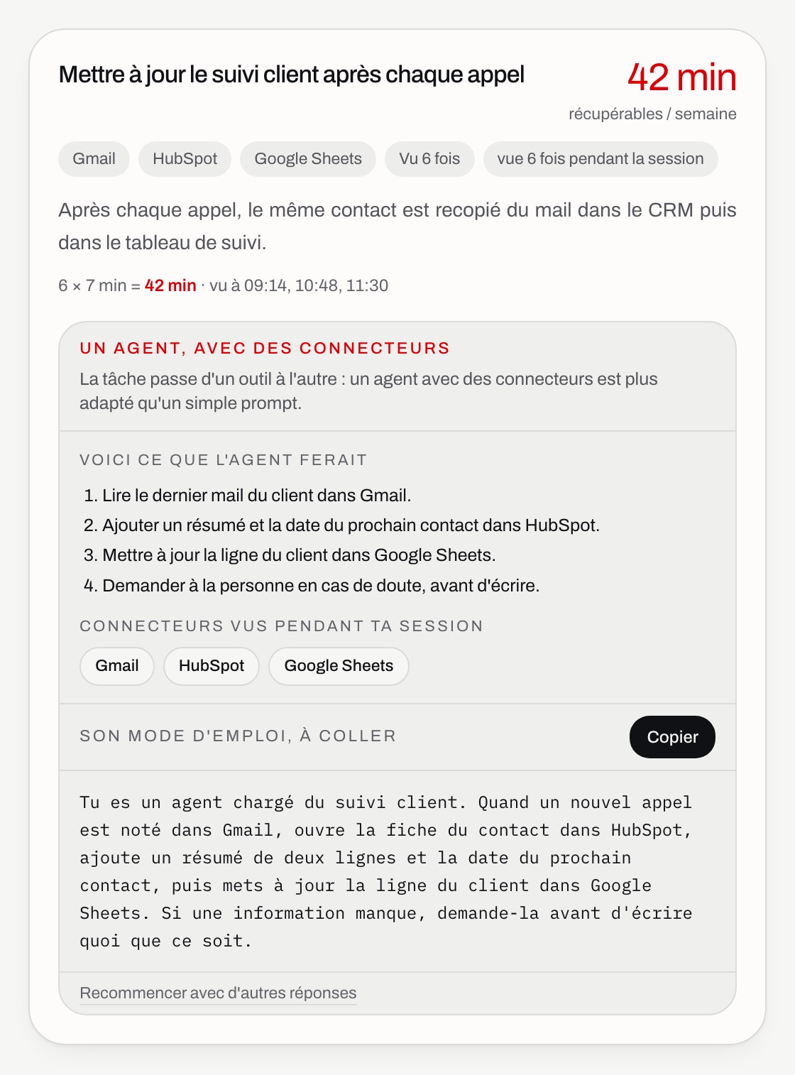 Capture de Rulieta : une proposition d’agent avec ses étapes, ses connecteurs et son mode d’emploi à coller.